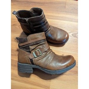 Earth Origins Size 7.5 Randi Roland Brown Leather Chunky Buckle Ankle Boot Zip